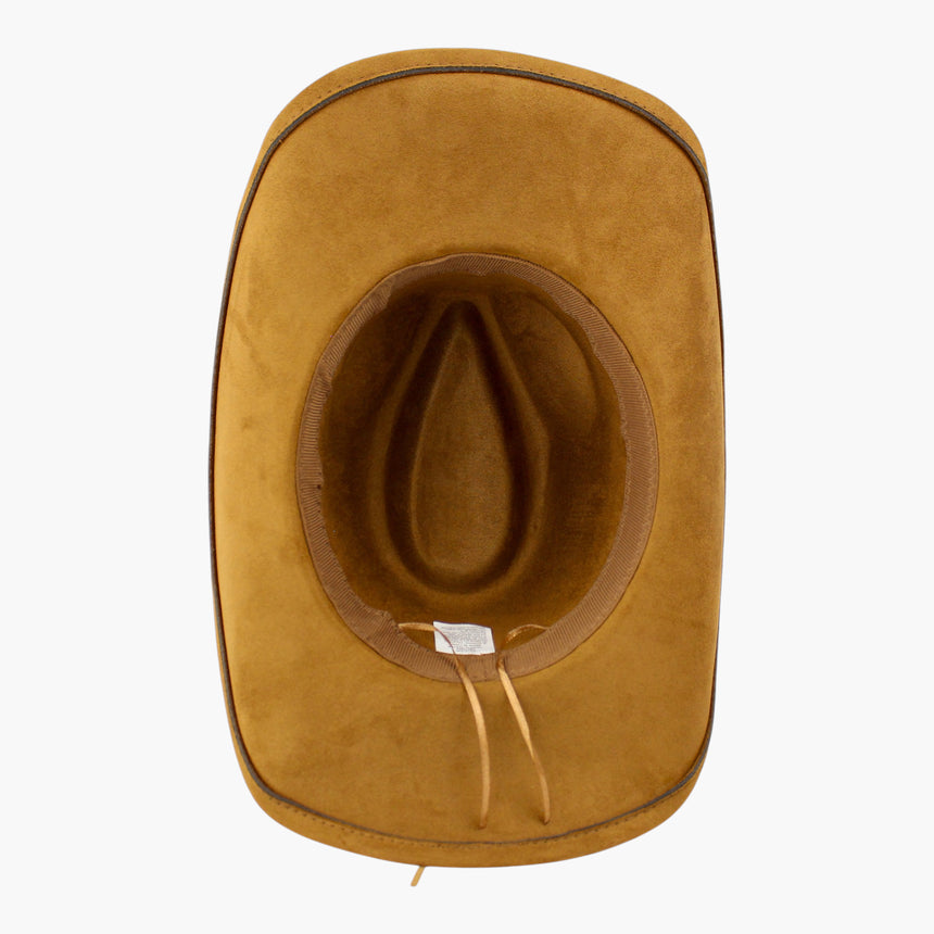 White-Floral Faux-Suede Western hat, underside of the Tan colorway showing the sweatband ring reading pale inside