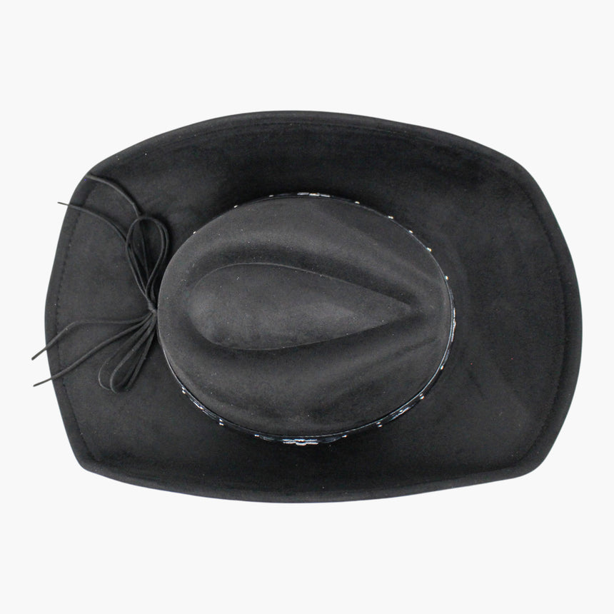 White-Floral Faux-Suede Western hat, Black colorway seen from above showing the crease with the ties looped over the brim