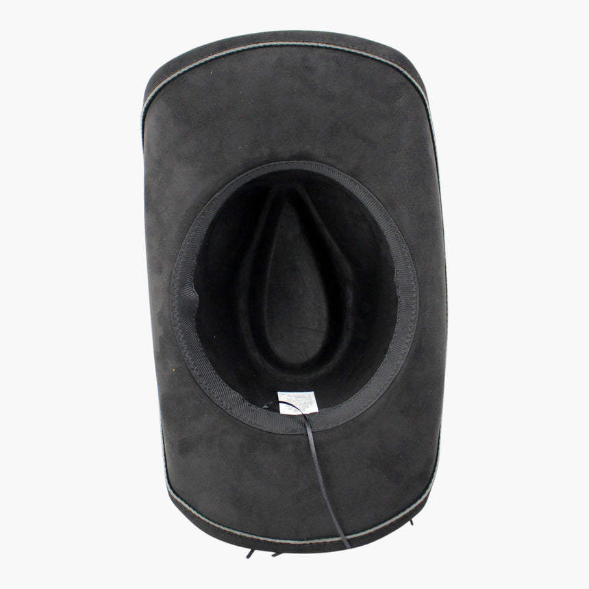 White-Floral Faux-Suede Western hat, underside of the Black colorway showing the sweatband join at the back of the crown