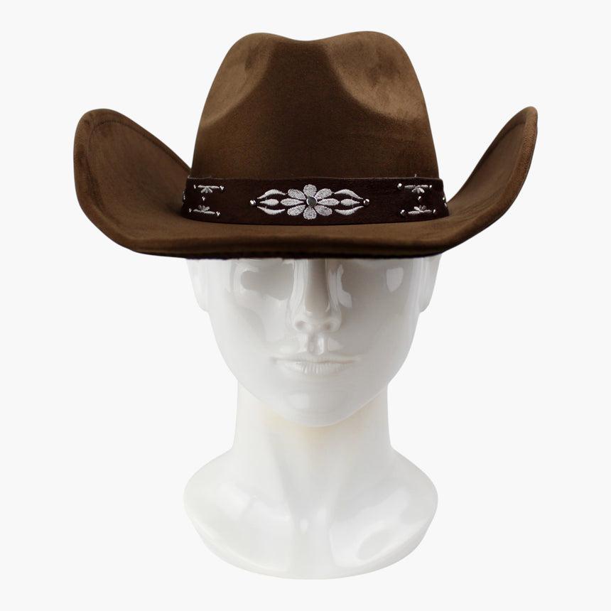 White-Floral Faux-Suede Western hat, front view of the Brown colorway showing the central white flower and its dome stud