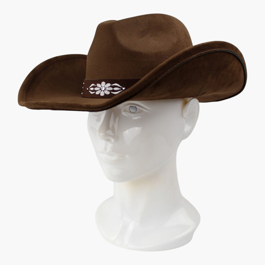 White-Floral Faux-Suede Western hat, Brown colorway at a three-quarter angle showing the leaf sprigs and studs at the side