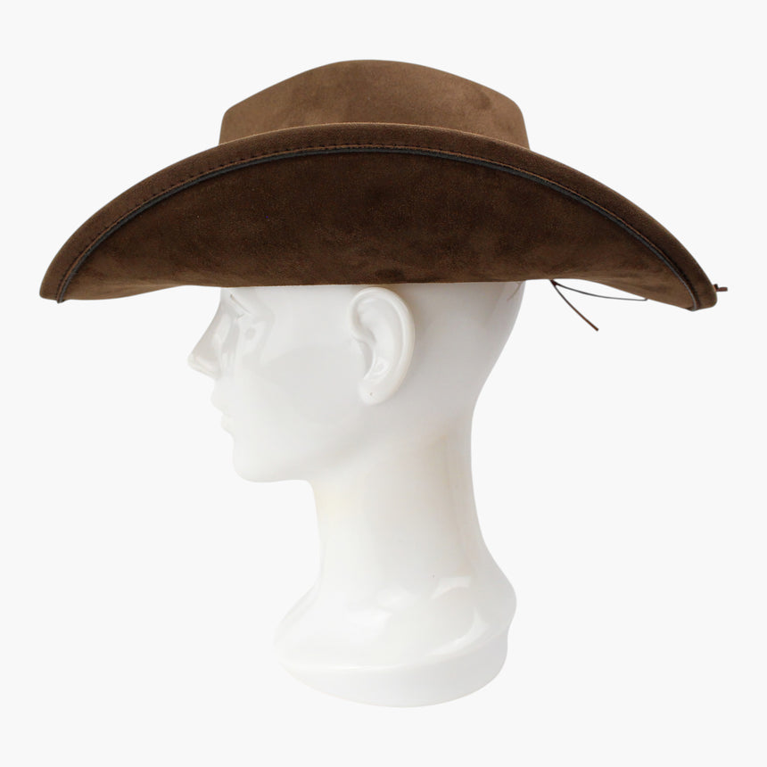 White-Floral Faux-Suede Western hat, Brown colorway in profile showing the full brim sweep and its piped edge