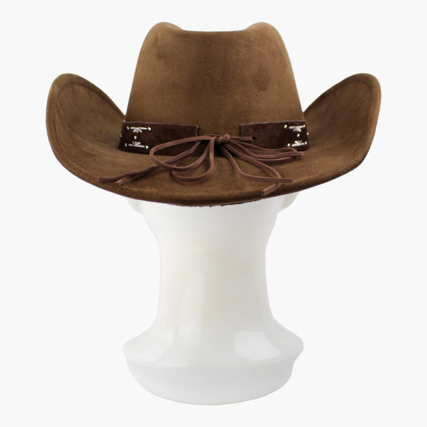 White-Floral Faux-Suede Western hat, back view of the Brown colorway showing the lace ties bridging the two band ends