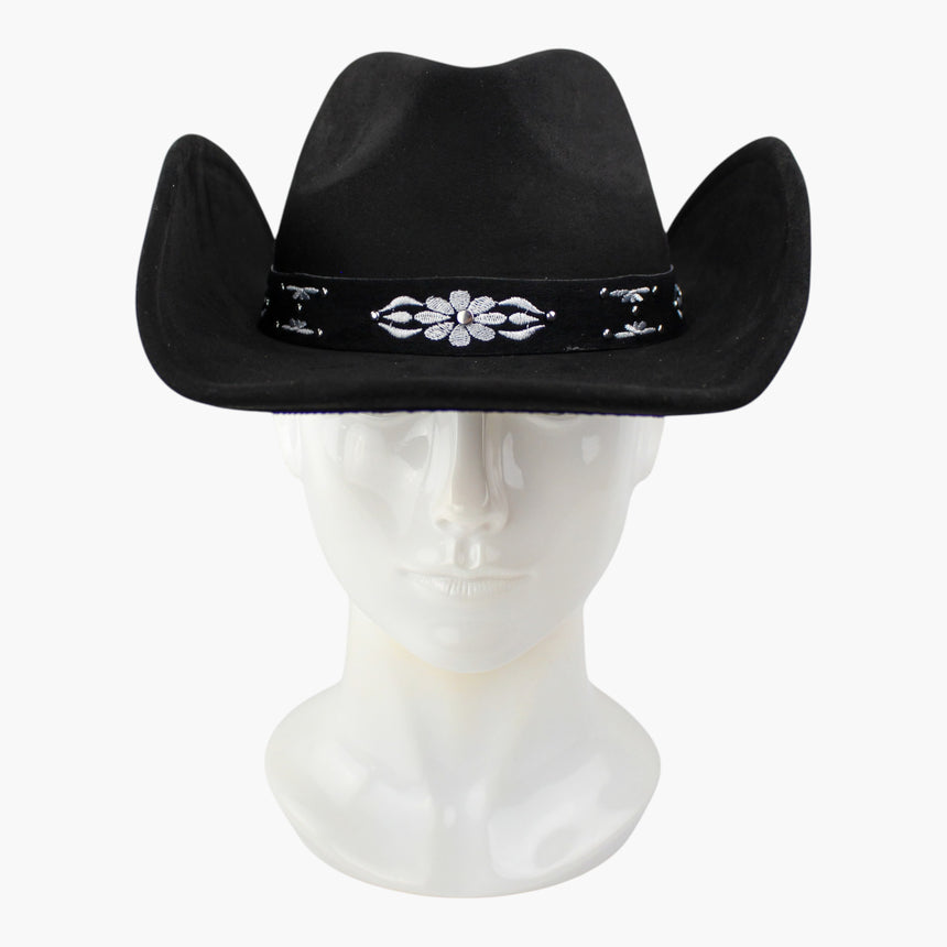 White-Floral Faux-Suede Western hat, front view of the Black colorway showing the bright white embroidery on the black band