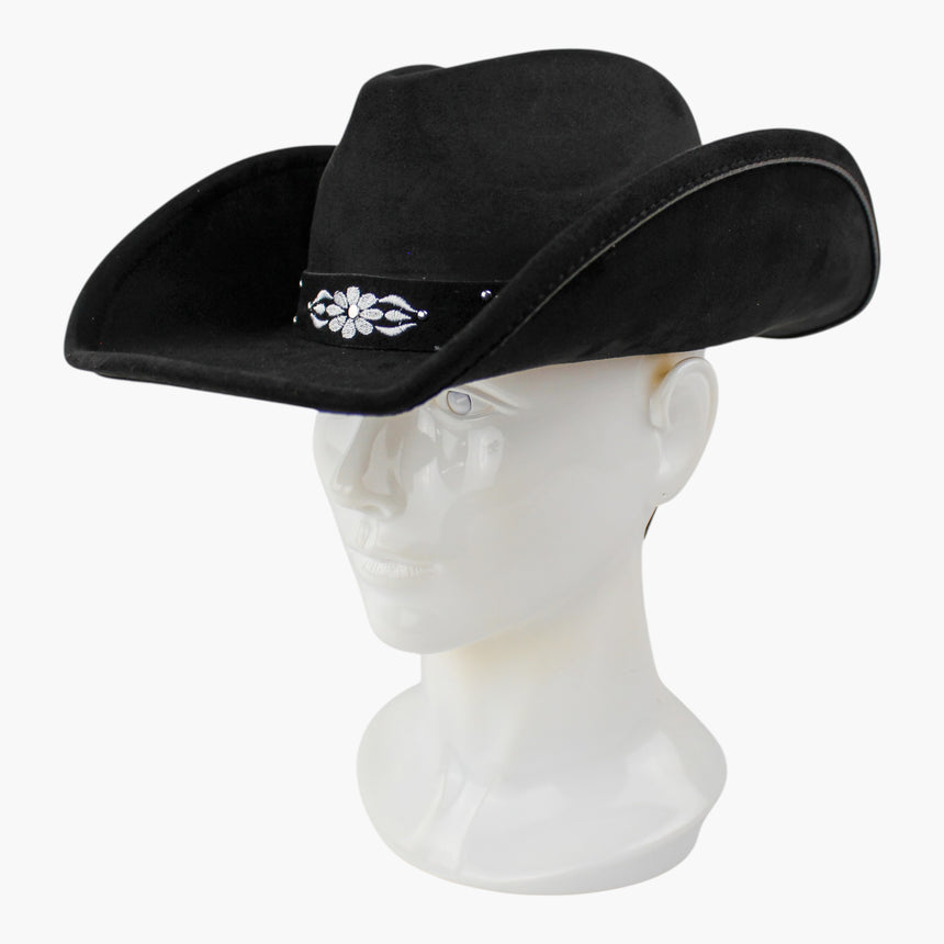 White-Floral Faux-Suede Western hat, Black colorway at a three-quarter angle showing the studded panel and rolled brim edge