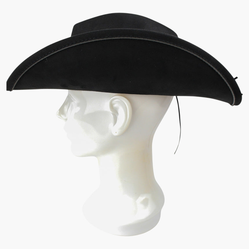 White-Floral Faux-Suede Western hat, Black colorway in profile showing the long brim line with the cord dropping behind