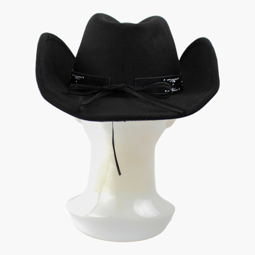 White-Floral Faux-Suede Western hat, back view of the Black colorway showing the lace bow closing the band ends