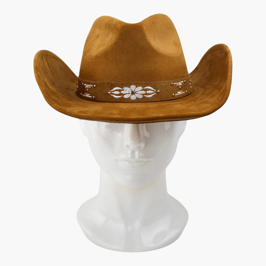 White-Floral Faux-Suede Western hat, front view of the Tan colorway showing the white daisy motif at the band front