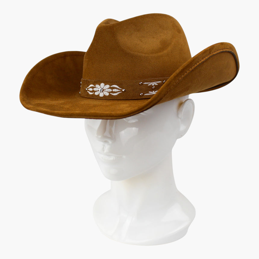 White-Floral Faux-Suede Western hat, Tan colorway at a three-quarter angle showing the studwork running under the rolled brim
