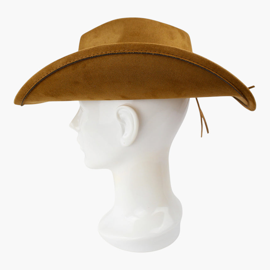 White-Floral Faux-Suede Western hat, Tan colorway in profile showing the uninterrupted brim line and the cord behind