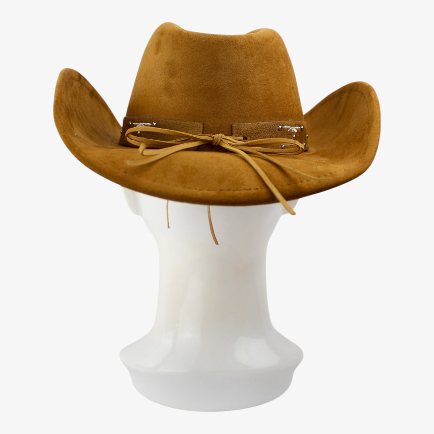 White-Floral Faux-Suede Western hat, back view of the Tan colorway showing the pale lace ties bowed where the band ends stop