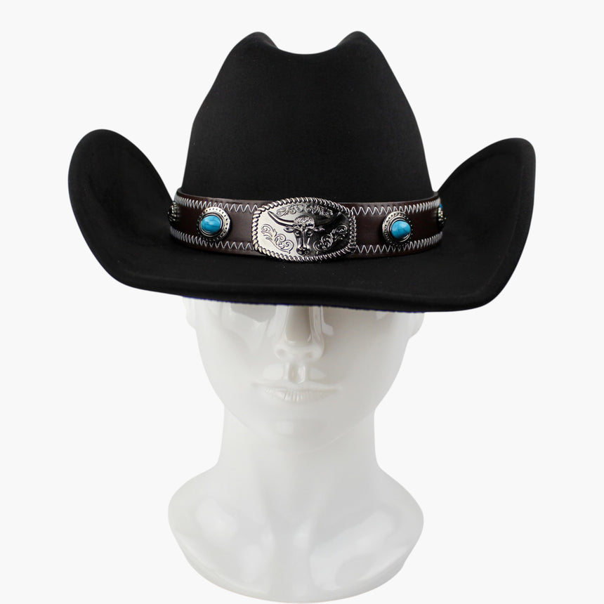 Zigzag-Longhorn Faux-Suede Western hat, front view of the Black colorway showing the longhorn concho centered on the band