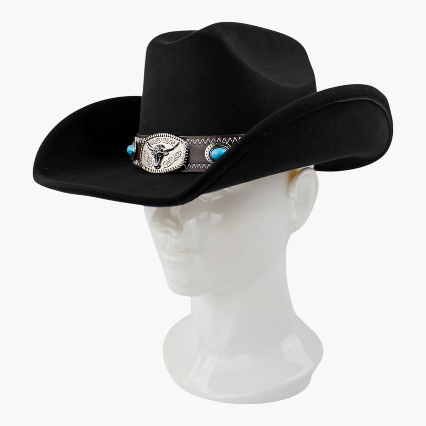 Zigzag-Longhorn Faux-Suede Western hat, Black colorway at a three-quarter angle showing the cream zigzag stitching