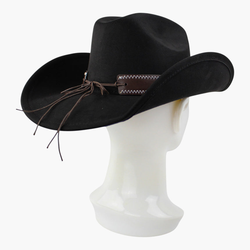 Zigzag-Longhorn Faux-Suede Western hat, Black colorway at a rear three-quarter angle showing the cord ties bowed behind