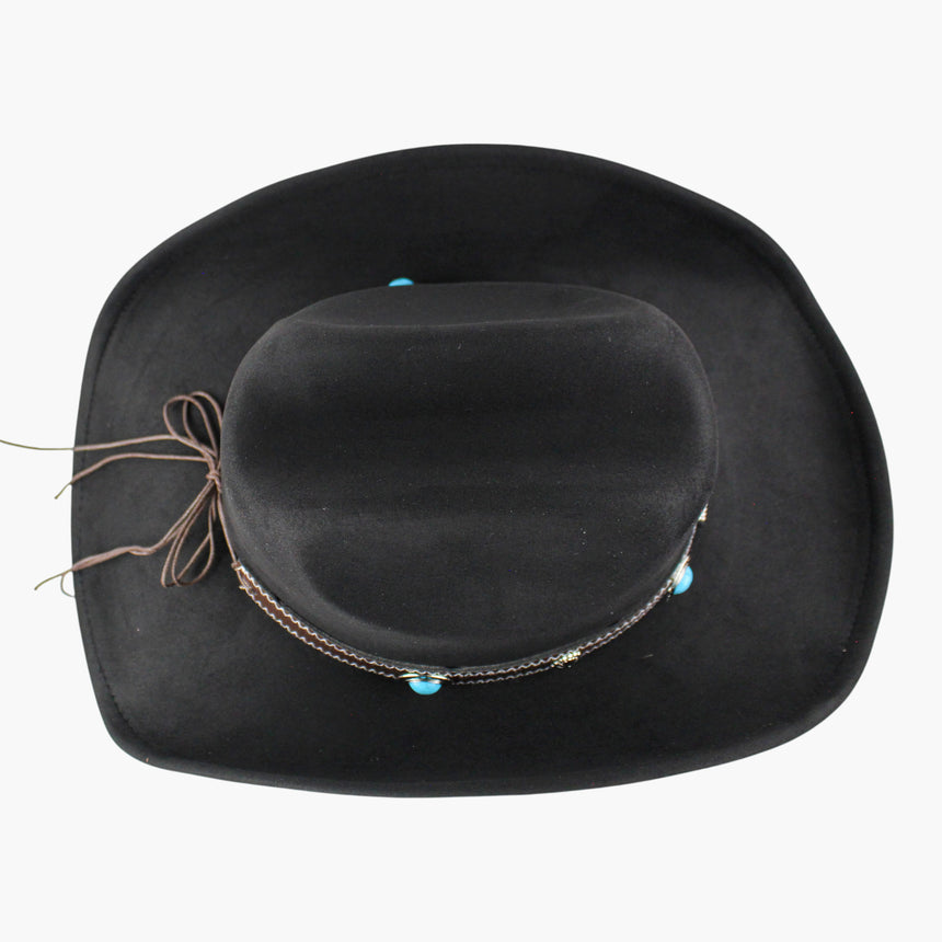 Zigzag-Longhorn Faux-Suede Western hat, Black colorway seen from above showing the turquoise-tone cabochons ringing the crown