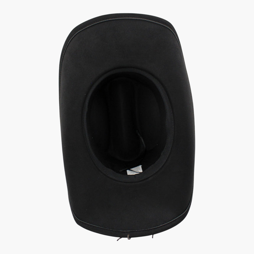 Zigzag-Longhorn Faux-Suede Western hat, underside of the Black colorway showing the sweatband ring and the care label