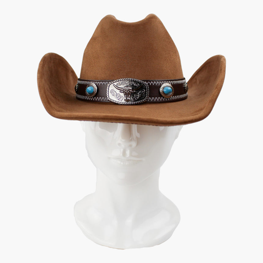 Zigzag-Longhorn Faux-Suede Western hat, front view of the Camel colorway showing the dark band against the camel crown