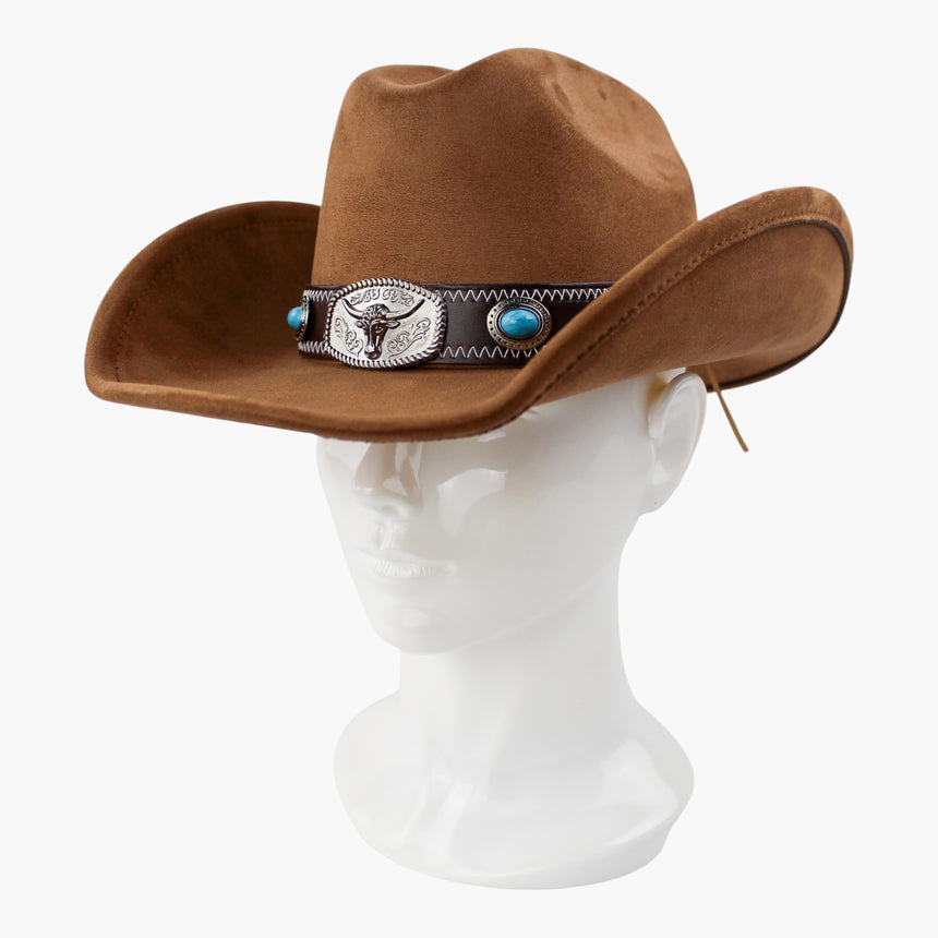 Zigzag-Longhorn Faux-Suede Western hat, Camel colorway at a three-quarter angle showing a bezel-set turquoise-tone cabochon