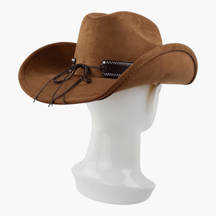 Zigzag-Longhorn Faux-Suede Western hat, Camel colorway at a rear three-quarter angle showing the cord ties over the brim